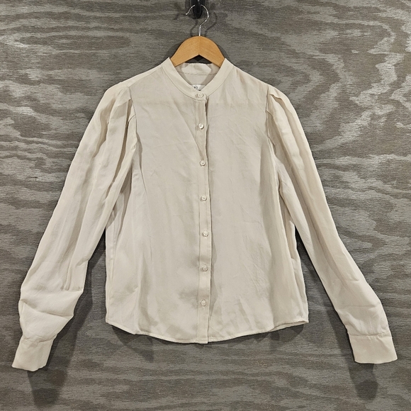 AG Adriano Goldschmeid S Ivory Dust Mandarin Collar Cupro Avery Button Up Shirt - Picture 2 of 12